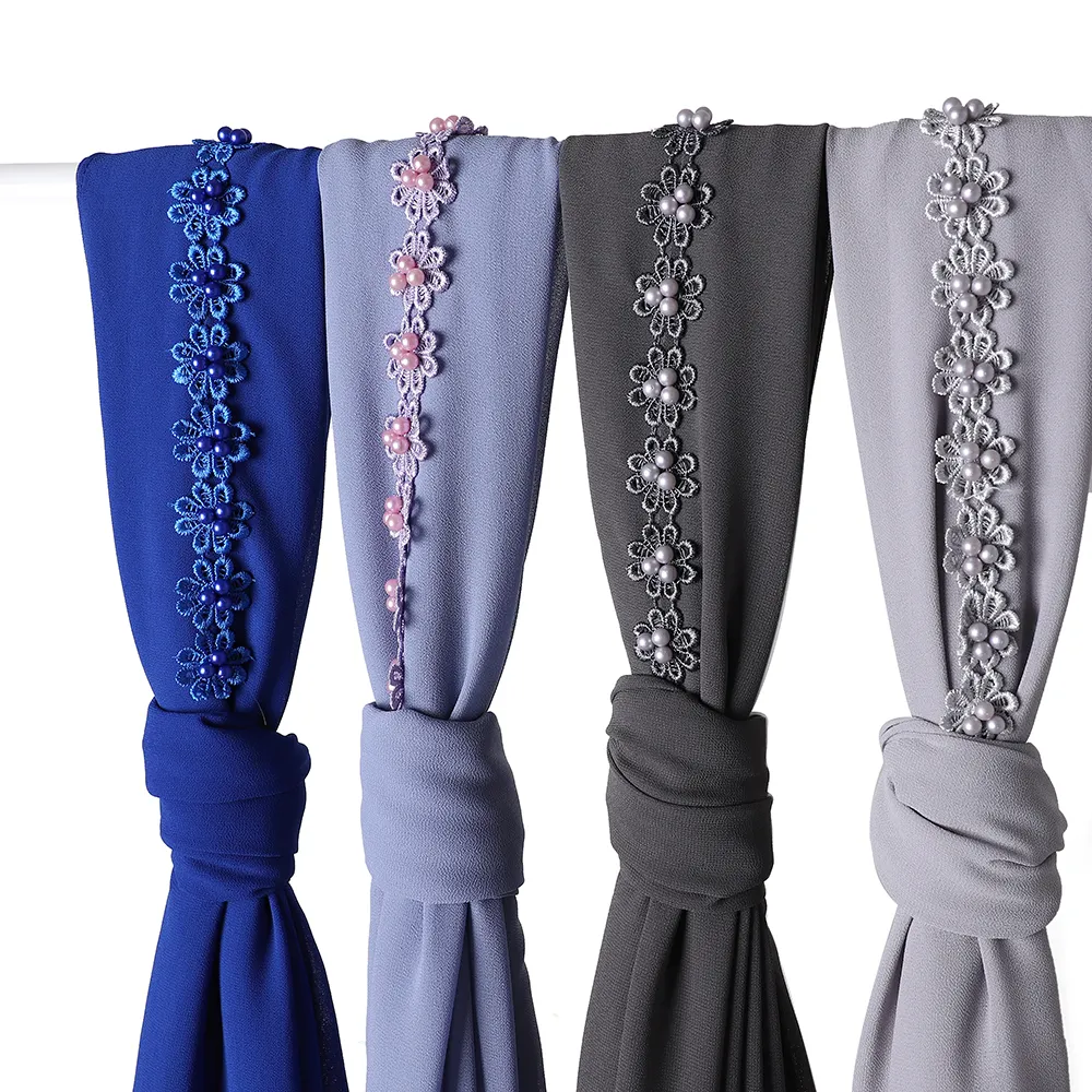 Hijab à fleurs en dentelle Foulard en mousseline de soie pour femmes Châles musulmans de couleur unie Hijabs Bandeau Foulard islamique Turban Foulard