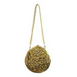 Handmade <b>Gold</b> Metal Oval Clutch <b>Bag</b> Embossed Floral Design Pearl Beaded Strap Antique Style Minaudiere for Women Wholesale - Product Image 1