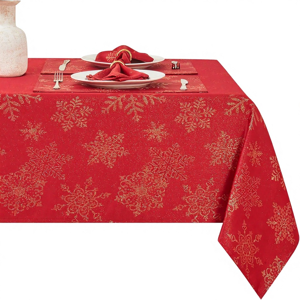 Custom Dye Jacquard Waterproof Rectangle Metallic Snowflake Tablecloth Kitchen Dining Wedding Party Banquet Christmas