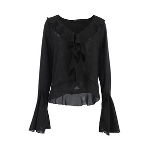 Baju sifon hitam elegan Vintage, blus wanita, blus leher V, baju kerut sifon, elegan, Vintage, musim gugur - Product Image 6