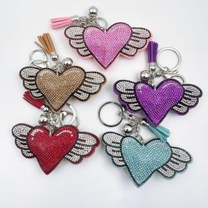 New Velvet Shiny Rhinestone Wing of Heart Keychain Fashionable Crystal Love Bag Pendant Valentine's Day Peach Heart Gift