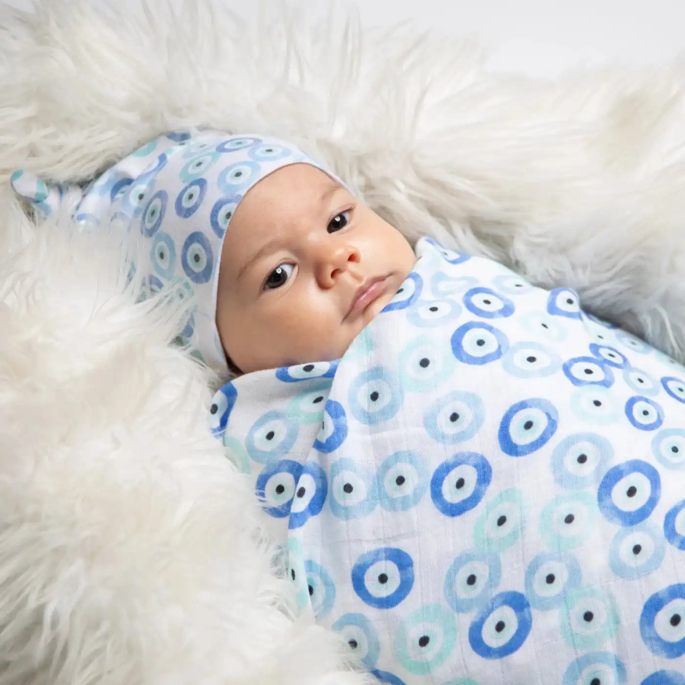Großhandel Soft Warm Gaze 2 Schichten verstellbare Jungen Evil Eye Musselin Baby Wickel decke Wrap Geschenkset mit Stirnband