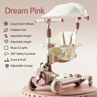 Trottinette pour enfants Sun Canopy 3 en 1 pliable pour l'extérieur avec musique, lumière, siège coulissant inclus et barrière pour les enfants de 2 à 14 ans