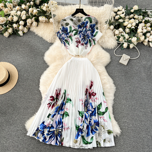 Ensemble de 2 pièces pour femmes, t-shirt à manches courtes imprimé plissé, jupe longue plissée mi-corps, tendance - Product Image 3