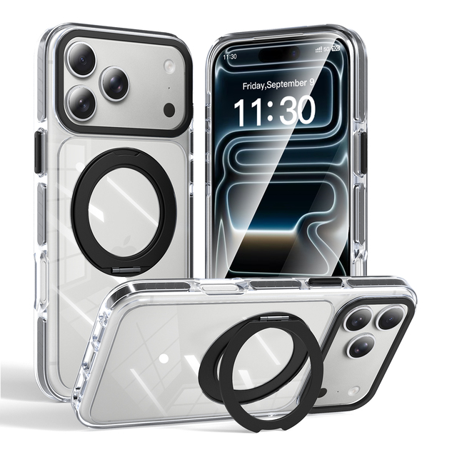 Magnetic Transparent Phone Case 360° Rotating Kickstand Shockproof with Metal Lens Frame Clear Back Cover for iPhone 17 Pro Max