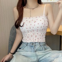 Débardeur Camisole Imprimé Floral à Col Nœud pour Femme, Bretelles Fines, Soutien-Gorge Intégré, Corset, Logo Avant, Rembourré, en Nylon Dobby – Idéal Été
