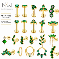 Vente en gros de bijoux de piercing corporel en Titane G23 ASTM-F136, Labret pour cartilage et lèvre, avec filetage interne, émeraude verte