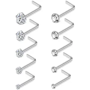 Stainless Steel Nostril Piercing Jewelry Crystal CZ Nose Stud Hooks L Shaped Screw Shaped 20G 1.5mm 2mm 2.5mm 3mm 3.5mm