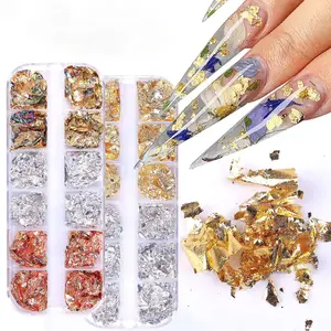 12 Grid Mix Colorful Sequins Nail Charms Decoraciones Silver Gold Foil Flakes Glitter Nail Art