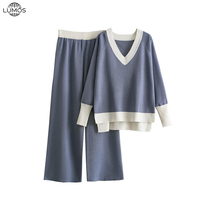 Ensemble 2 pièces tricoté Lumos décontracté, patchwork, blocs de couleur, col en V, pull et pantalon large long, nouvelle collection hiver 2025 pour femme
