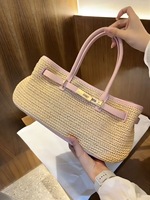 Tas Tote Anyaman Jerami Mewah untuk Wanita, Tas Tangan Kulit PU Patchwork, Tas Selempang Chic, Logo Custom, MOQ Rendah