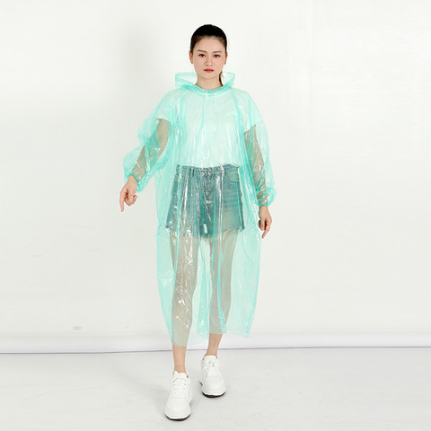 New Green Disposable Waterproof One-Piece Rain for Poncho with Hood Transparent PE Raincoat for for Outdoor Rafting Camping