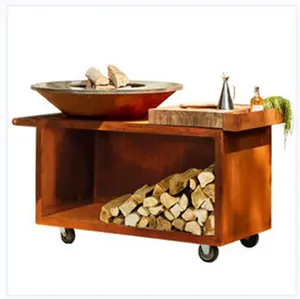 corten steel BBQ grills fire pit outdoor BBQ heavy duty log burning charcoal barbecue grills with wheels outdoor kitchen