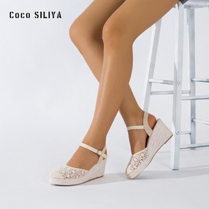 Coco Siliya <b>Wedges</b> Sandals <b>Closed</b> <b>Toe</b> Straw Outsole Buckle Closure Breathable Women's Shoes - Product Image 3