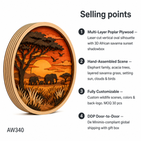 Boîte à souvenirs personnalisée : Coucher de soleil sur la savane africaine avec éléphant |   Scène de faune en bois d'acacia découpé au laser en contreplaqué de peuplier multicouche