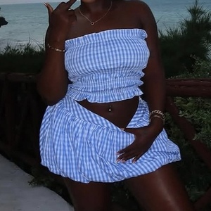 Phụ Nữ Của Mùa Thu Mới Đến Eo Xác Định Sọc Strapless Top Với Puffy Váy 2-Mảnh Thiết Lập Sehe Thời Trang - Product Image 4