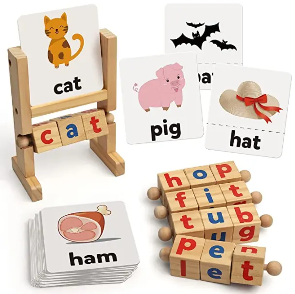 Montessori Spinning Alfabet Leren Speelgoed Houten Lezen Blokken Spelling Games