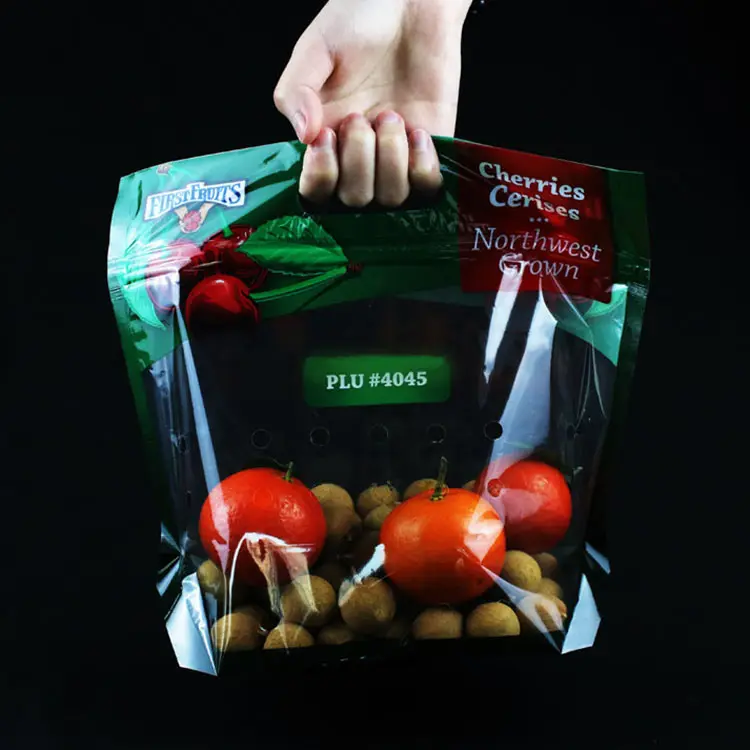 Custom Anti Fog Zipper Clear Plastic Fruit Crop Bag For Packaging With Handles