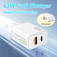Chargeur GaN 63W PD QC3.0, adaptateur de charge rapide, prise EU/UK, double port Type C USB, chargeur mural portable pour téléphone et ordinateur portable