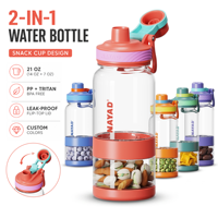 Ensemble bouteille d'eau 21 oz et pot à collation 7 oz en Tritan PP, bouteille de sport avec couvercle à bec verseur et boucle pratique pour la gym et les pique-niques