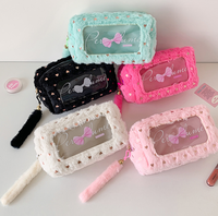 Trousse à crayons en peluche style coréen imperméable, couleur bonbon, avec nœud, pour fille, rangement de papeterie, trousse de maquillage et de toilette pour étudiante, vente en gros