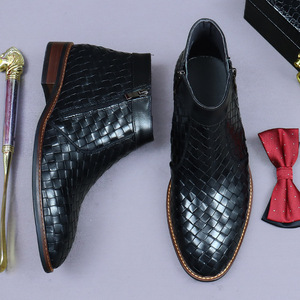 Botas de hombre de caña baja, duraderas, de cuero, con suela gruesa y elevada, con textura tejida de alta calidad y cremallera de doble cara, para uso empresarial. - Product Image 2