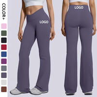 Celana Yoga Wanita Model Crossover Flare dengan Logo Custom, Pinggang Tinggi, Kontrol Perut, Kaki Lebar, untuk Olahraga