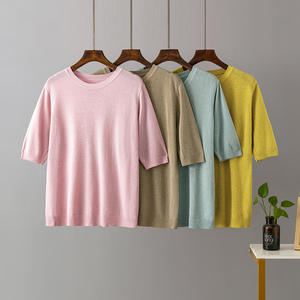 เสื้อยืดถักคุณภาพสูงจากโรงงาน เสื้อถักแขนสั้นผู้หญิงแบบสั่งทำ เสื้อคอกลมลำลองสำหรับฤดูร้อน - Product Image 1