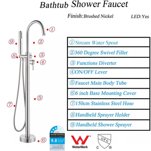 Grifo de Bañera Independiente LED Cromado de Suelo con Monomando de Latón y Ducha de Mano HN-TF030 - Product Image 1