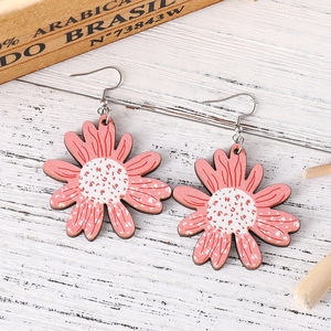 ต่างหูไม้สีชมพูดอกทานตะวันต่างหูจี้สองด้านสำหรับผู้หญิง1167 - Product Image 3