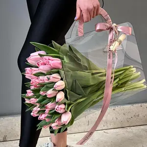 Tiktok Hot Selling Recycle Eco Friendly Custom Size Transparent Flower Bag Packing Pvc Clear Plastic Flower Bag With Handle