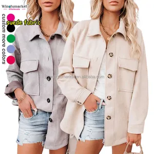 New arrival ladies coats warm faux leather fall jackets buttons shacket solid winter suede jacket for women
