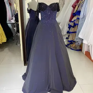 Wholesale new navy rhinestone off shoulder A line sleeveless lace up back elegant prom ball gown dress 2024