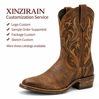 Bottes de cowboy western personnalisées Xinzirain pour hommes, aspect cuir vieilli marron, broderies, bout carré, talon bloc