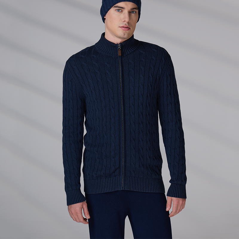 Custom Knitted Cable Knitwear Men Trendy Winter Long Sleeve Men's Clothing Zip Up Cardigan Cotton Sweater