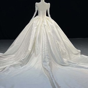 Hz005 Elegant Ivory Plunge Illusion Floral Lace Long Sleeve Puff Shoulder Satin Ball Gown <b>Wedding</b> Dress Jancember - Product Image 3