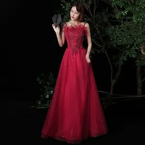 Formal Red Appliques Beaded Scalloped Neckline Evening Dress