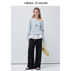 VEGA CHANG Ingrosso 2026 Nuova Maglietta da <span class=keywords><strong>Donna</strong></span> Primaverile <span class=keywords><strong>Azzurra</strong></span> con Orlo Asimmetrico a Balze Vestibilità Rilassata Manica Lunga - Product Image 3