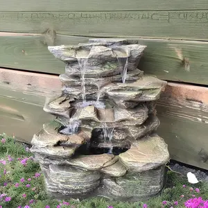 Fonte de água em cascata para jardim, pedra de rocha em poliresina, 4 camadas