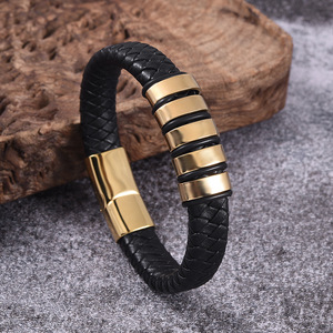 Stylish Men's <b>Leather</b> Wristband With Magnetic Clasp | Braided <b>Leather</b> <b>Bracelet</b> with Gold Black or Silver Stainless Steel Accents - Product Image 4