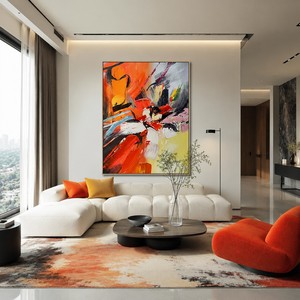 Décoration murale moderne en toile, peinte à la main, aux couleurs vives et texturées, peintures abstraites audacieuses rouge-orangé, arts muraux - Product Image 2