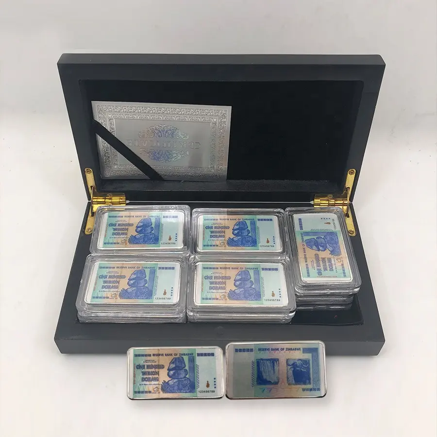 15 adet/kutu 100 trilyon dolar zimbabve gümüş banknotlar Bar zimbabve para mavi zim kart külçe gümüş sikke ile güzel kutu