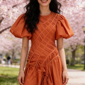 Vestido Largo Asimétrico para Mujer, Nuevo Estilo, Cuello Redondo, Manga Abullonada, Cintura Ajustada, Vestidos Plisados de Moda - Product Image 2