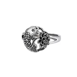 Adorable Adjustable Girl Finger Ring Fish Next To Lotus Flower Stamp Ring