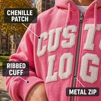 Sweat-shirt à capuche zippé en chenille rose bubblegum personnalisé 480 GSM avec patch lettre universitaire et poche pochette pour homme style preppy streetwear