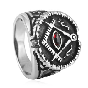 Men's Freemason <b>Ring</b> Stainless Steel Geometric Design Red Cubic Zirconia Bezel Setting Punk Style Fashion Jewelry Gift - Product Image 1