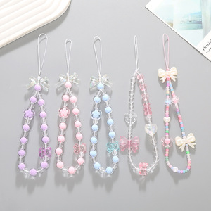 New Beaded Phone Chain with Bow Charm Pendant Anti-Lost Wristband Short Lanyard Digital Printed Phone Case Other Lanyard