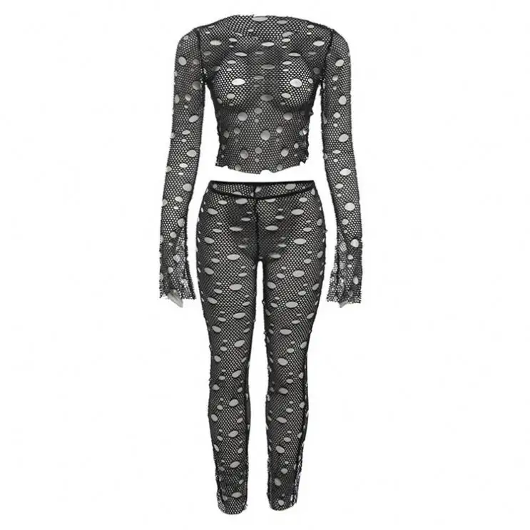 Nouveauté pantalon sexy pour femmes maille noir transparent à manches longues deux pièces évider hauts courts 2 pièces ensemble femmes