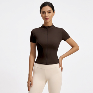 Wholesale Women Full Zip Stand Collar Short Sleeve <b>Yoga</b> Crop <b>Jackets</b> Slim Fit Quick Dry Athletic Tops Stretchy Gym Workout Tee - Product Image 2
