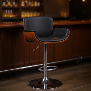 Tabouret de bar en similicuir noir avec base chromée, hauteur réglable, mobilier de bar moderne et contemporain - Product Image 2